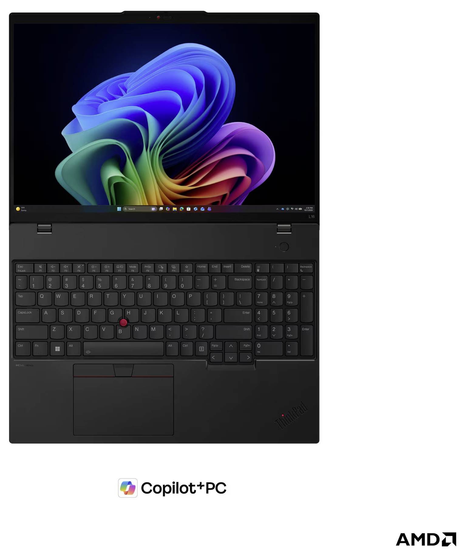 Schwarzes Lenovo ThinkPad-Laptop, offen dargestellt, mit Windows-Hintergrund; „Copilot+ PC"- und AMD-Logos erscheinen darunter.