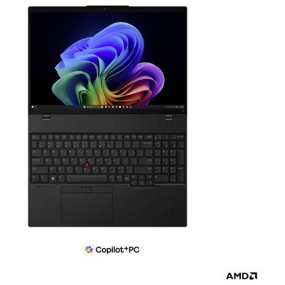 Schwarzes Lenovo ThinkPad-Laptop, offen dargestellt, mit Windows-Hintergrund; „Copilot+ PC"- und AMD-Logos erscheinen darunter.