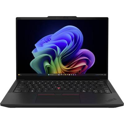 Offenes schwarzes ThinkPad-Laptop mit farbenfrohem abstraktem Windows-11-Hintergrundbild auf dem Bildschirm.