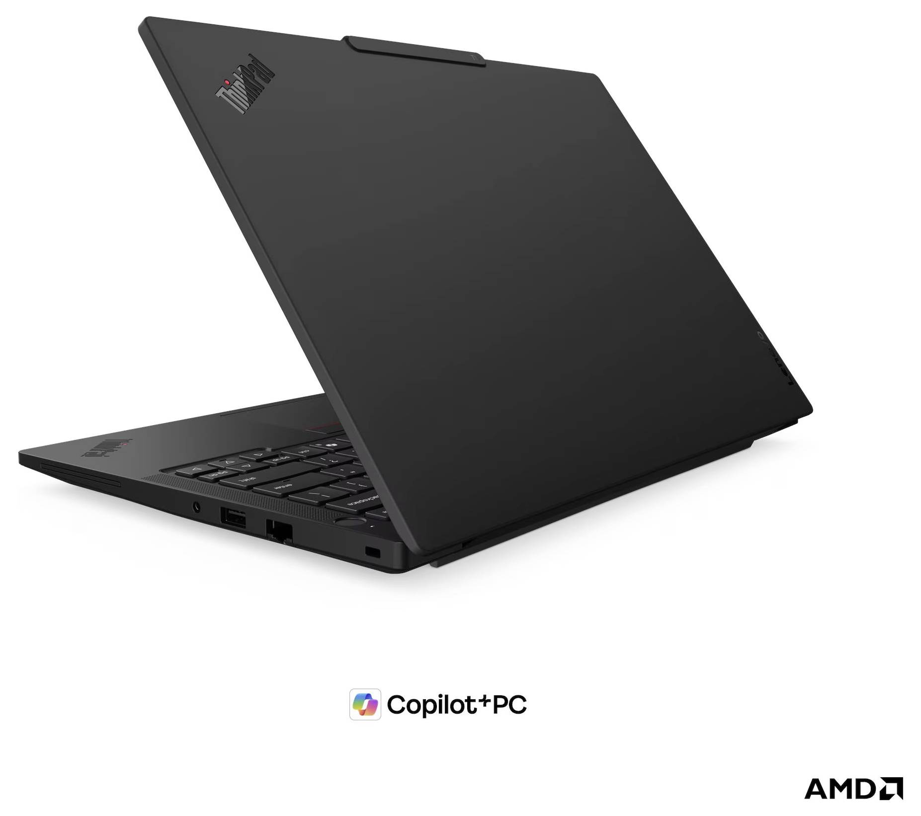 Schwarzer Lenovo ThinkPad-Laptop, teilweise geöffnet auf weißem Hintergrund, mit Copilot+ PC und AMD-Logos darunter.