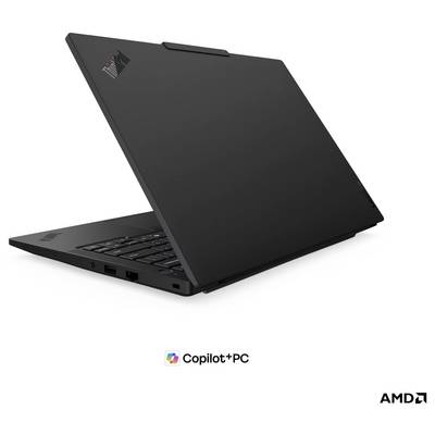 Schwarzer Lenovo ThinkPad-Laptop, teilweise geöffnet auf weißem Hintergrund, mit Copilot+ PC und AMD-Logos darunter.