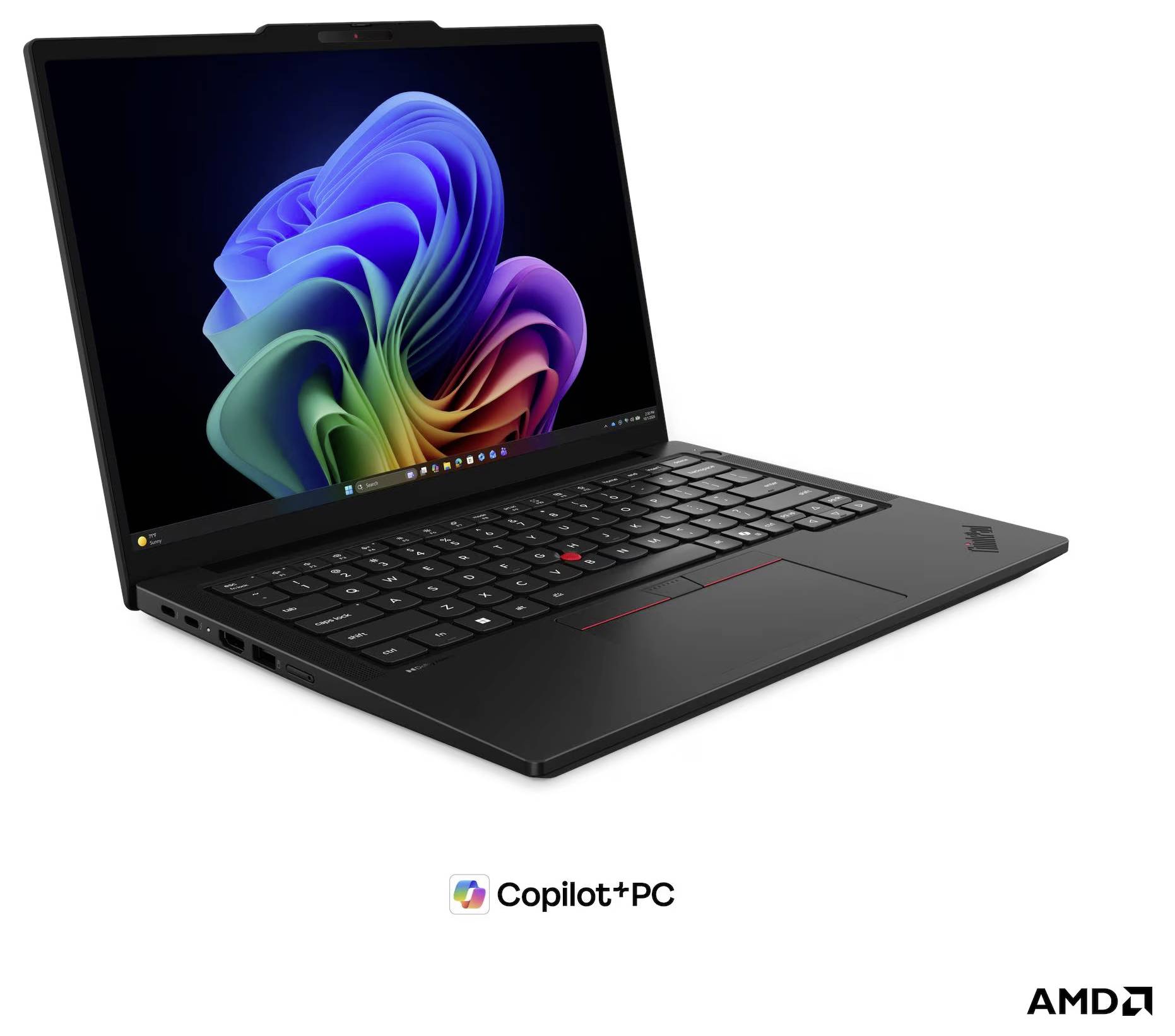 Schwarzes ThinkPad-Laptop, das offen mit buntem Windows-Hintergrundbild angezeigt wird, mit „Copilot+PC"- und AMD-Logos darunter.