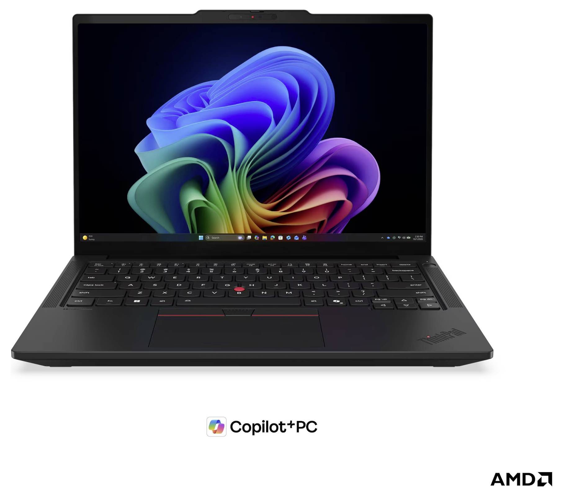 Schwarzes Lenovo ThinkPad-Laptop offen mit farbenfrohem Windows-Hintergrundbild; Copilot+ PC- und AMD-Logos darunter.