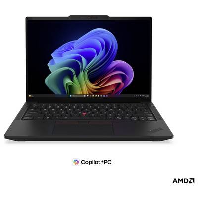 Schwarzes Lenovo ThinkPad-Laptop offen mit farbenfrohem Windows-Hintergrundbild; Copilot+ PC- und AMD-Logos darunter.