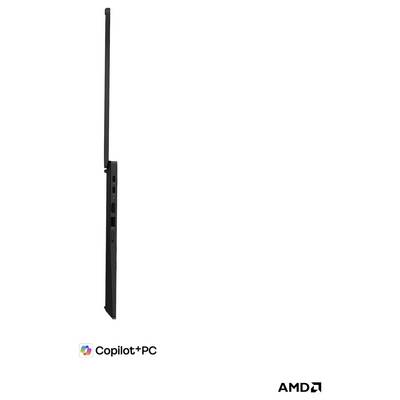 Seitenansicht eines schlanken schwarzen Laptops mit einer angebrachten langen Antenne; Copilot+PC- und AMD-Logos erscheinen darunter.