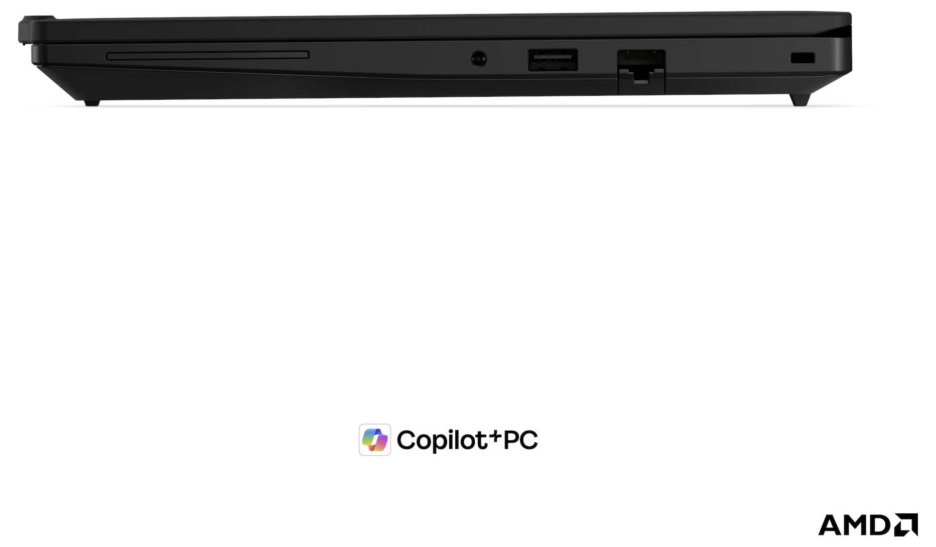 Seitenansicht eines schwarzen Laptops oberhalb des "Copilot+ PC"-Logos, mit dem AMD-Logo unten rechts.