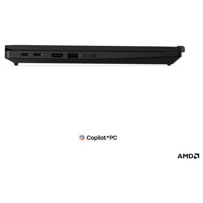 Seitenansicht eines schwarzen Laptops mit Anschlüssen entlang der Kante und Copilot+PC- und AMD-Logos darunter.