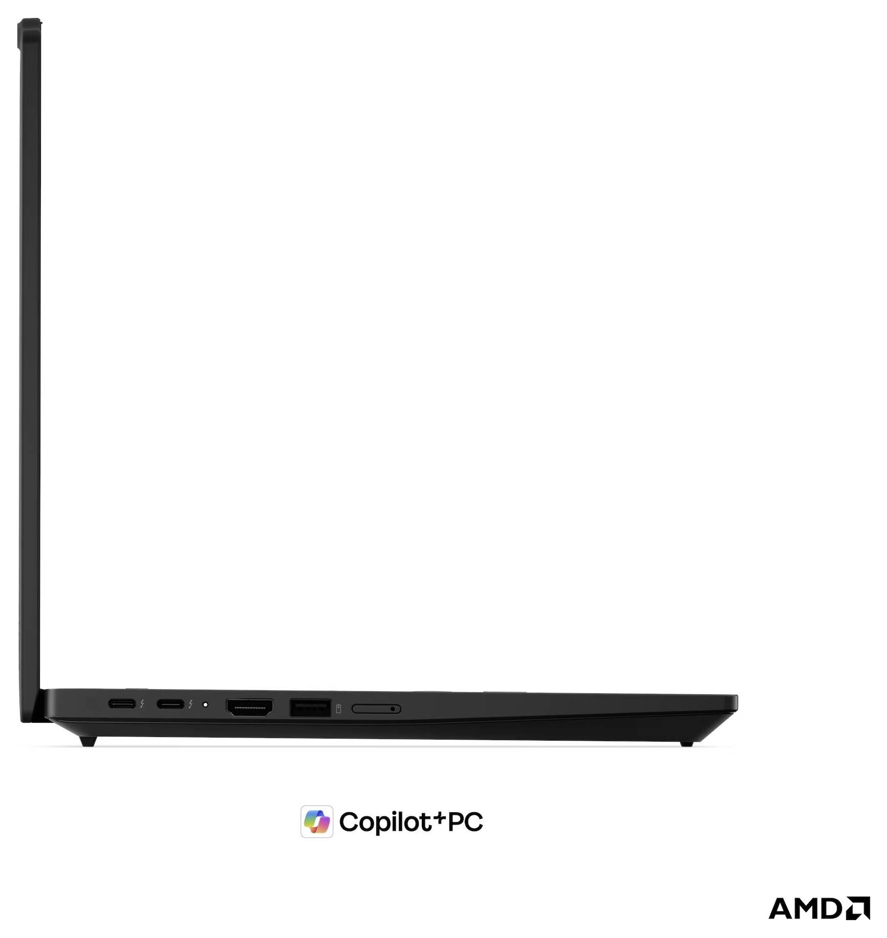 Seitenansicht eines schlanken schwarzen Laptops mit geöffnetem Bildschirm und den Logos "Copilot+ PC" und AMD darunter.