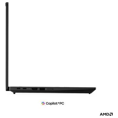 Seitenansicht eines schlanken schwarzen Laptops mit geöffnetem Bildschirm und den Logos "Copilot+ PC" und AMD darunter.