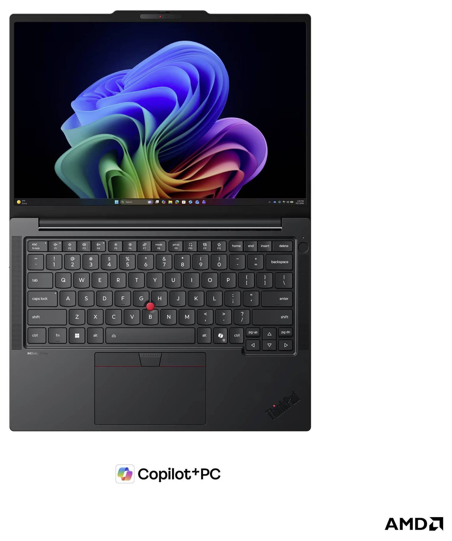 Schwarzer Lenovo ThinkPad-Laptop, geöffnet, mit Windows-Desktop-Hintergrund und „Copilot+ PC"- und AMD-Logos darunter.