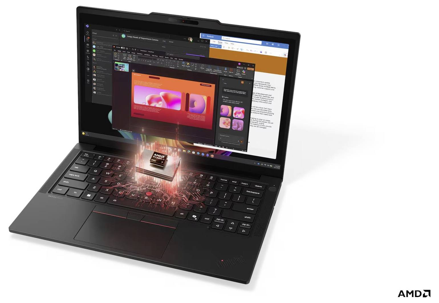 Schwarzer Laptop mit einem leuchtenden Prozessorchip, der aus der Tastatur hervorbricht, zeigt Design- und Dokumentfenster an; AMD-Logo in der Ecke.