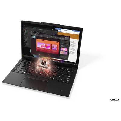 Schwarzer Laptop mit einem leuchtenden Prozessorchip, der aus der Tastatur hervorbricht, zeigt Design- und Dokumentfenster an; AMD-Logo in der Ecke.