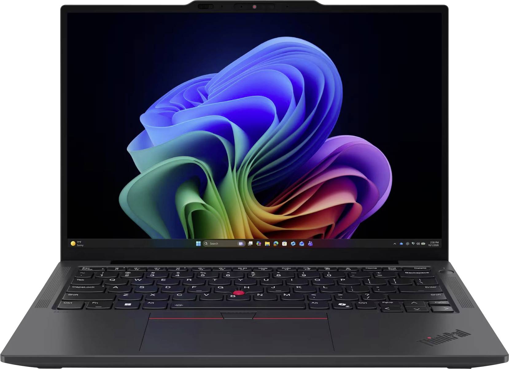 Schwarzer Lenovo ThinkPad Laptop, offen auf dem Windows 11 Startbildschirm mit farbenfrohem abstraktem Hintergrundbild.