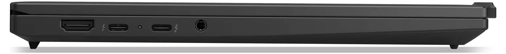 Seitenansicht eines geschlossenen schwarzen Laptops, die das schlanke Profil mit Anschlüssen und dem Scharnier entlang der hinteren Kante zeigt.