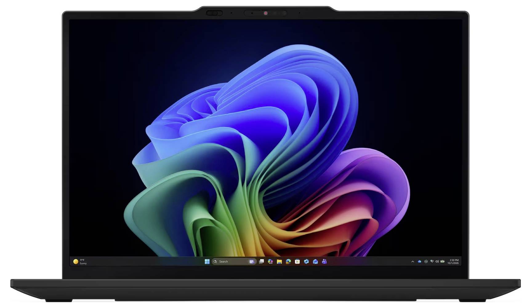 Ein Laptop, auf dessen dunklem Bildschirm die farbenfrohe Standard-Hintergrundgrafik von Windows 11 angezeigt wird.