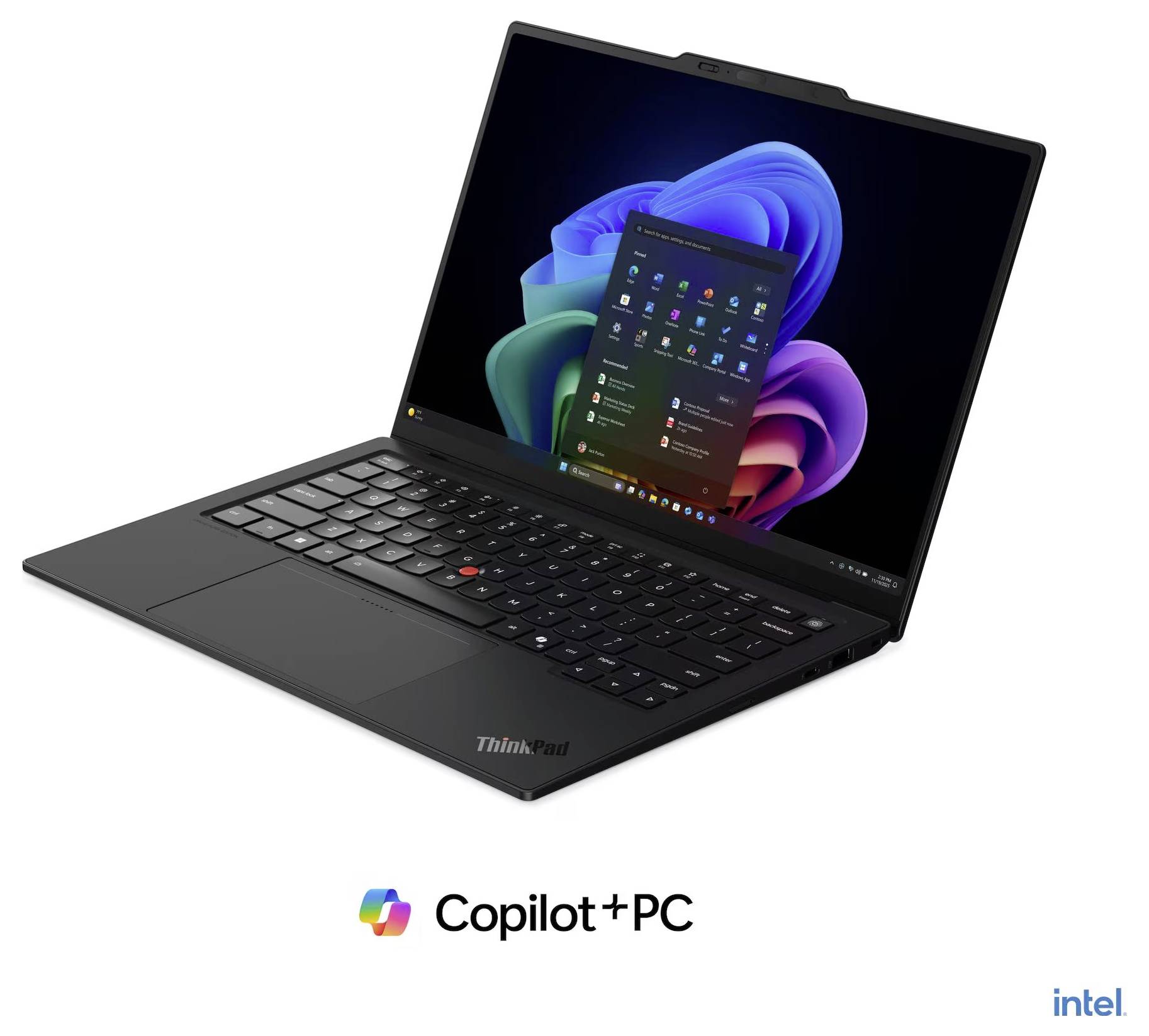 Schwarzer Lenovo ThinkPad-Laptop mit Windows 11 und Copilot auf dem Bildschirm, mit den Logos "Copilot+ PC" und Intel darunter.