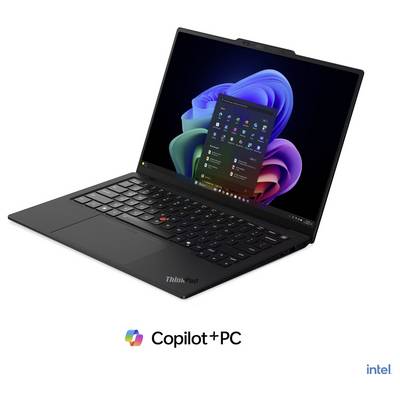Schwarzer Lenovo ThinkPad-Laptop mit Windows 11 und Copilot auf dem Bildschirm, mit den Logos "Copilot+ PC" und Intel darunter.