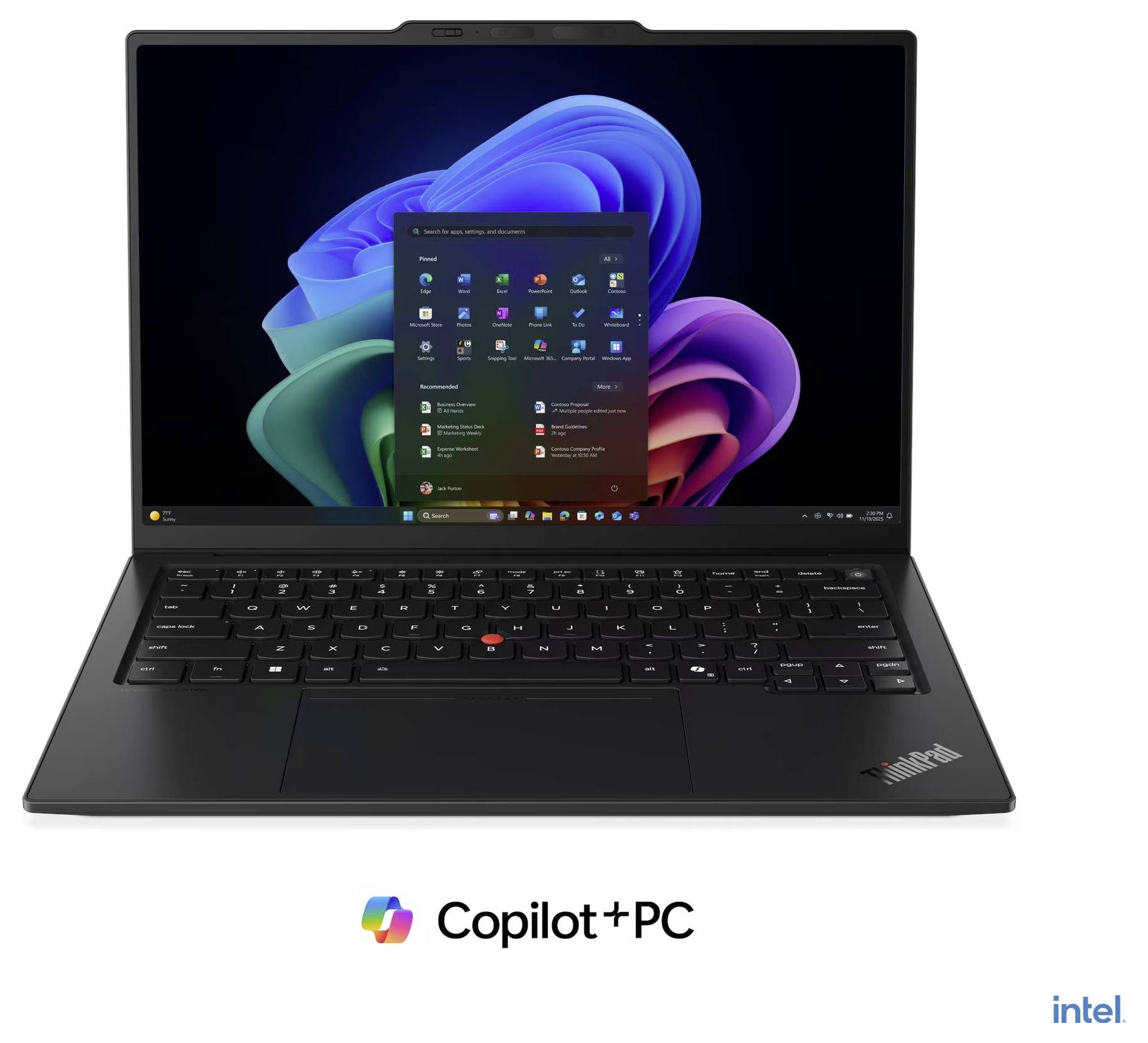 Ein Lenovo-Laptop, der den Windows 11-Desktop und das Startmenü anzeigt, mit "Copilot+ PC"- und Intel-Branding darunter.