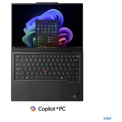 ThinkPad-Laptop mit Windows 11 und geöffnetem Startmenü, mit der Bezeichnung „Copilot+ PC" und Intel-Branding darunter.
