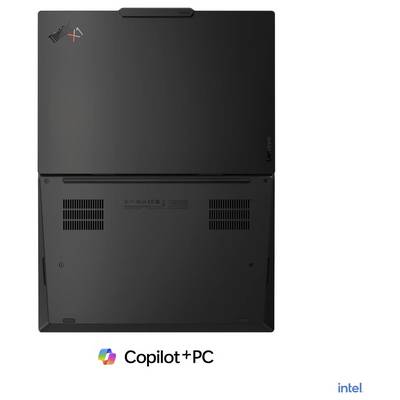 Draufsicht und Unteransicht eines Lenovo ThinkPad-Laptops mit den Logos „Copilot+PC" und Intel darunter.