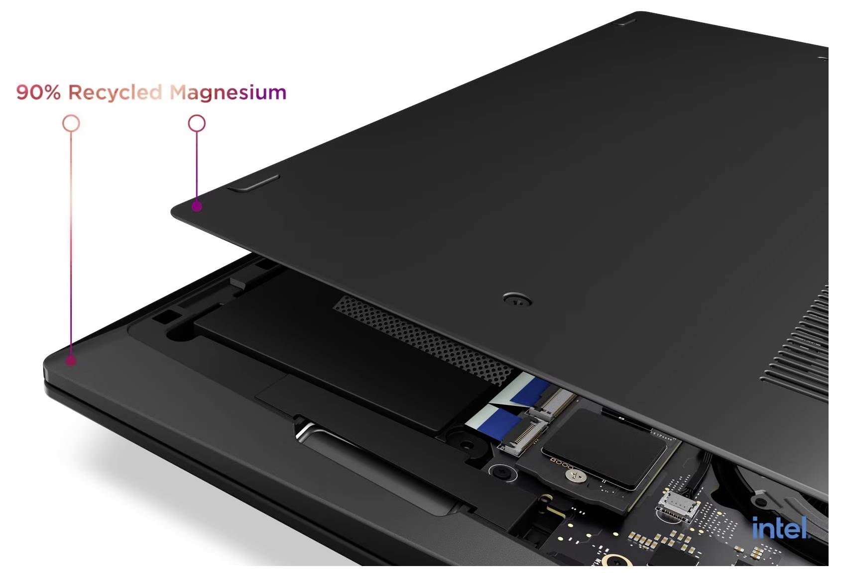 Explodierte Ansicht eines Laptops mit Unterseite und internen Komponenten, gekennzeichnet mit „90% recyceltes Magnesium" auf der Ober- und Bodenabdeckung.
