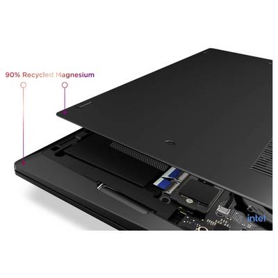 Explodierte Ansicht eines Laptops mit Unterseite und internen Komponenten, gekennzeichnet mit „90% recyceltes Magnesium" auf der Ober- und Bodenabdeckung.