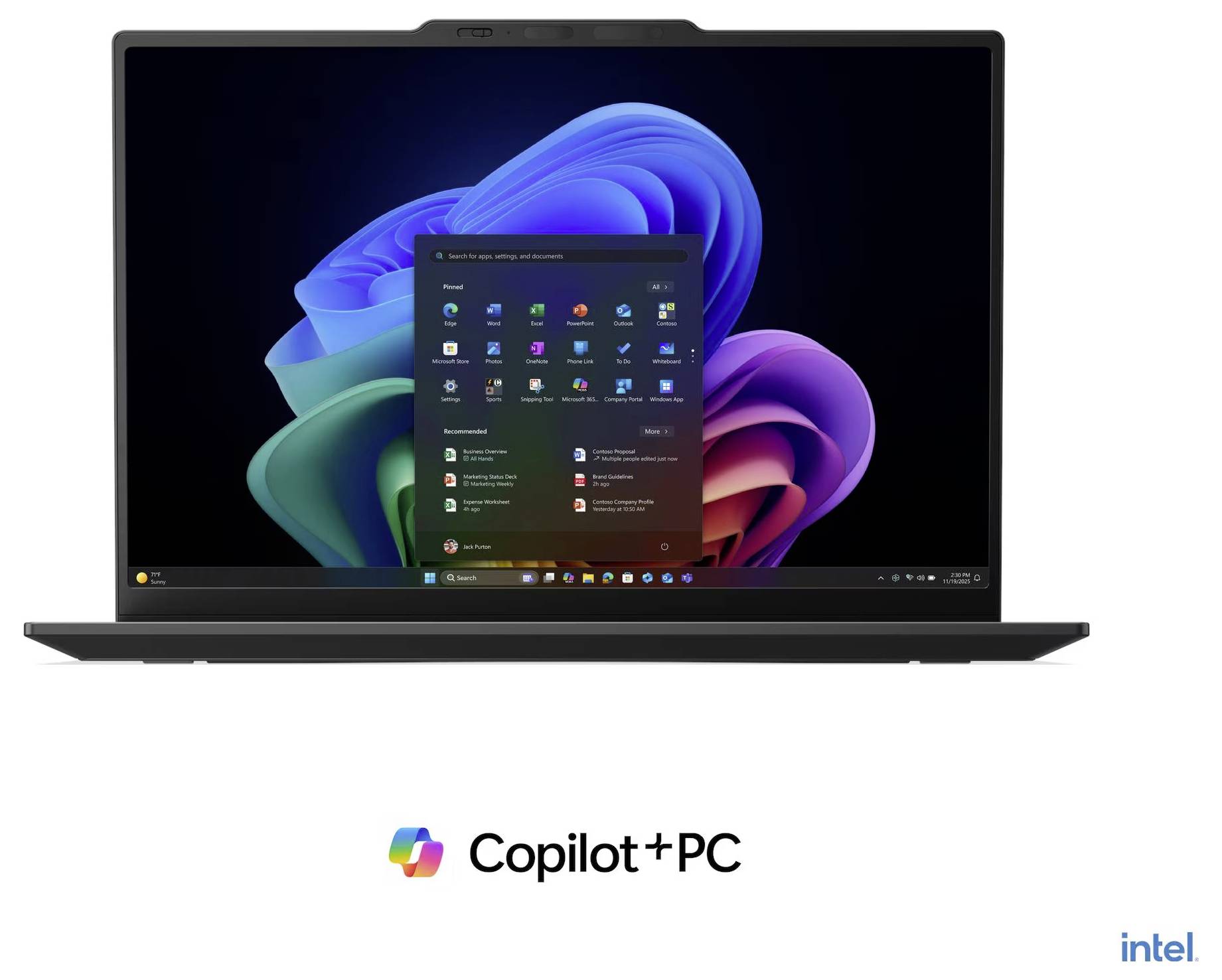 Laptop mit Windows 11 und geöffnetem Startmenü, dargestellt über den Logos von Copilot+ PC und Intel auf weißem Hintergrund.