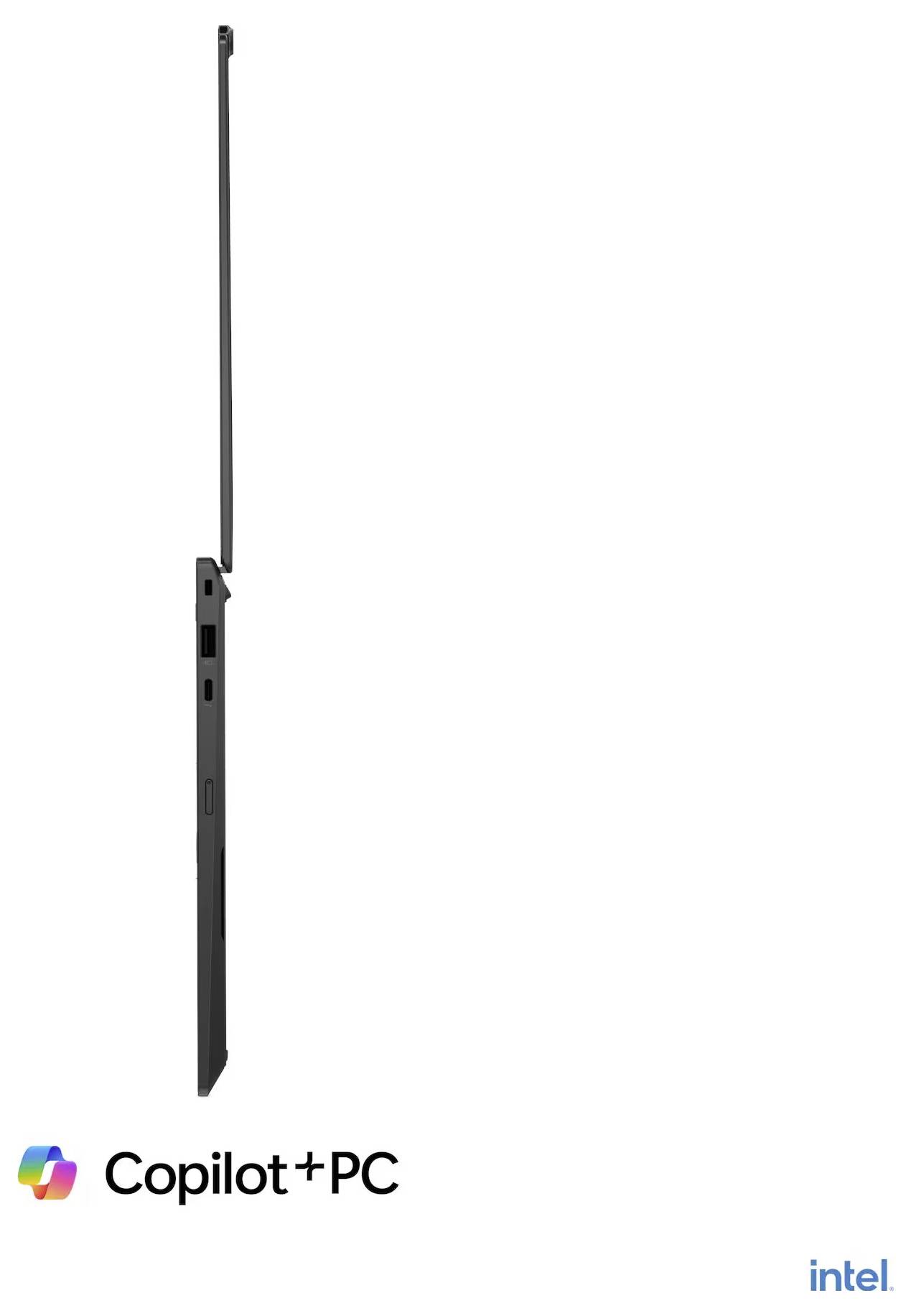 Schlanker schwarzer Laptop in Profilansicht mit langer Antenne, darunter beschriftet mit "Copilot+ PC" und "intel".