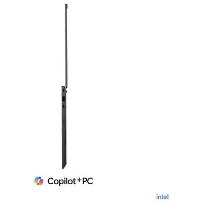 Schlanker schwarzer Laptop in Profilansicht mit langer Antenne, darunter beschriftet mit "Copilot+ PC" und "intel".