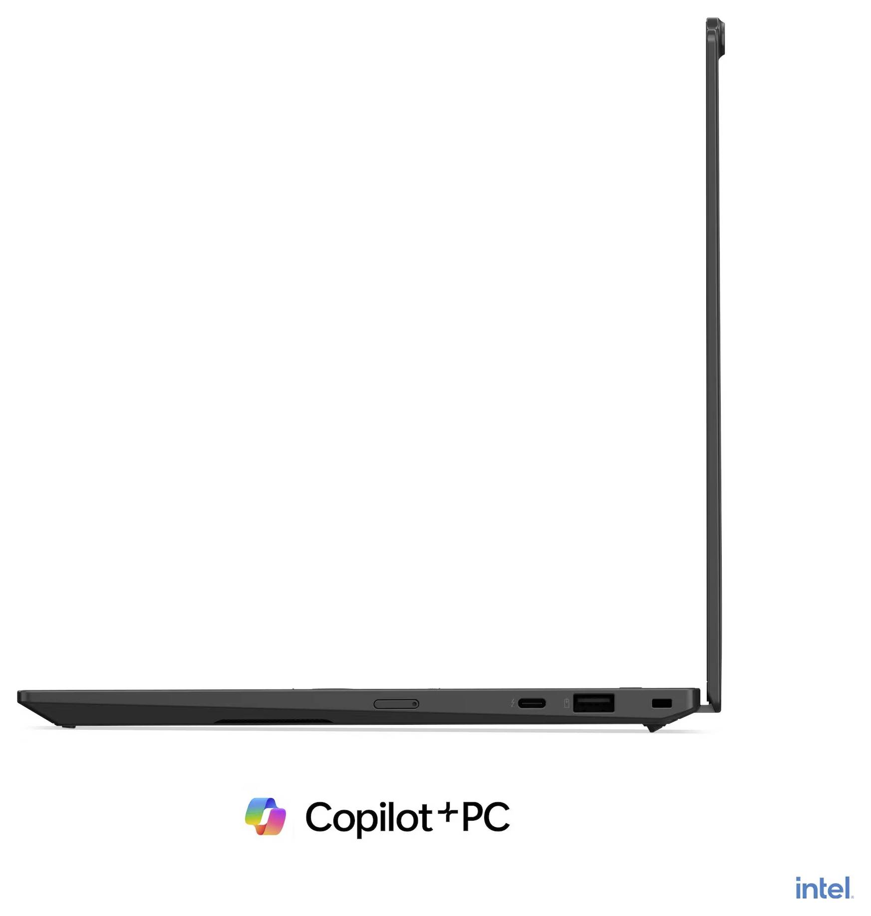 Ein schlanker schwarzer Laptop, in der Seitenansicht dargestellt, mit dem Monitor, der fast senkrecht geöffnet ist, mit der Bezeichnung „Copilot+ PC" und Intel-Branding darunter.