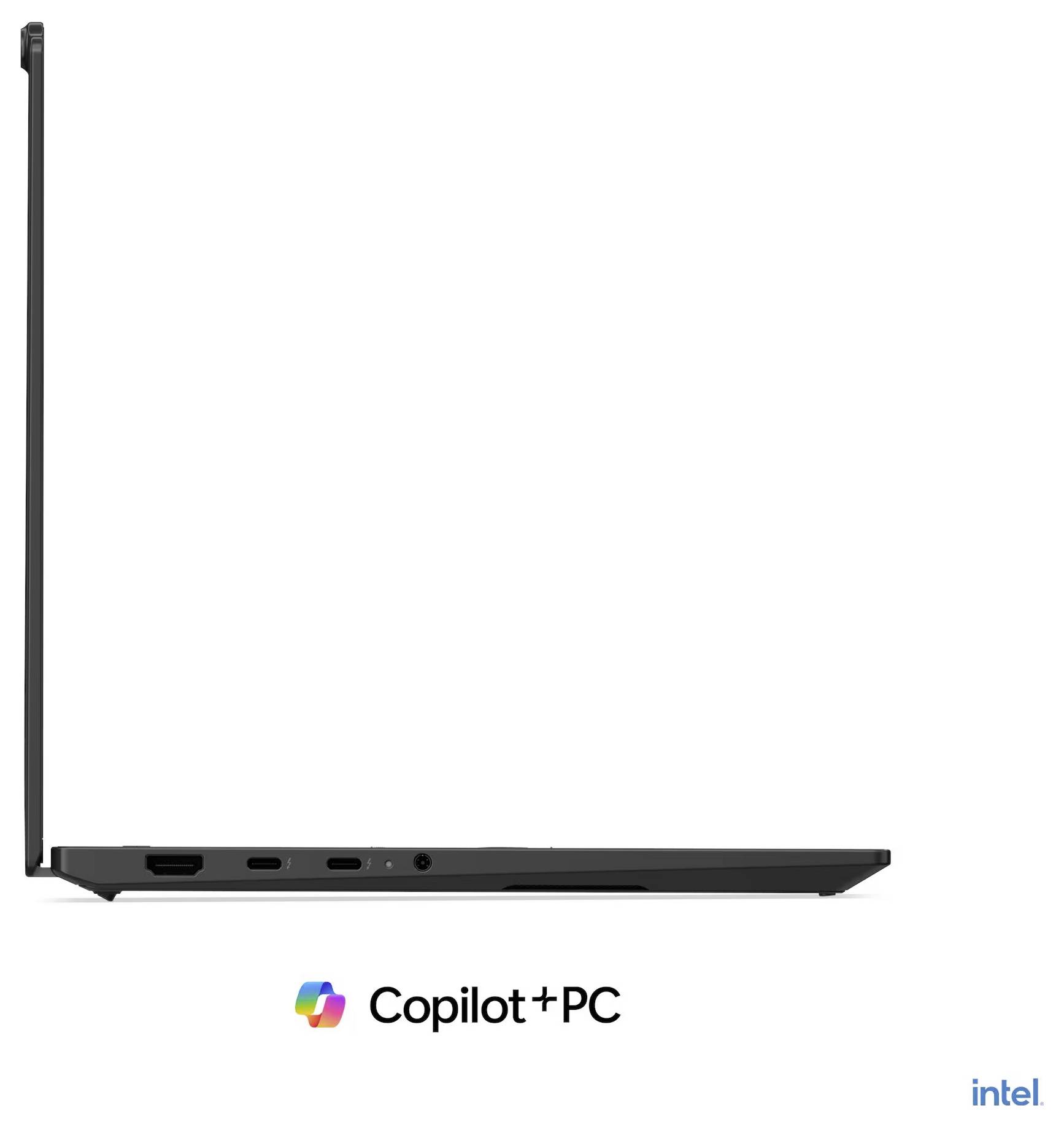 Seitenansicht eines dünnen schwarzen Laptops, der teilweise in einer L-Form geöffnet ist, mit den Logos "Copilot+PC" und Intel darunter.