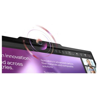 Geneigter Laptop-Bildschirm zeigt eine violette Intel-Webseite über fortschrittliche Kohlefasermaterialien und Verbundstofflösungen, mit einer Video-Call-Miniatur auf der rechten Seite.