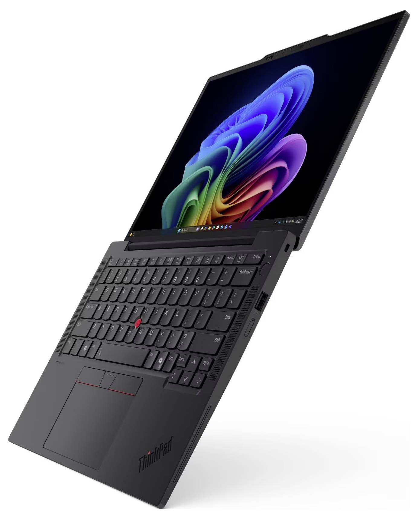 Schwarzes Lenovo ThinkPad Laptop in Zeltposition geöffnet, zeigt eine farbenfrohe abstrakte Tapete auf dem Bildschirm und eine Tastatur mit Trackpad.