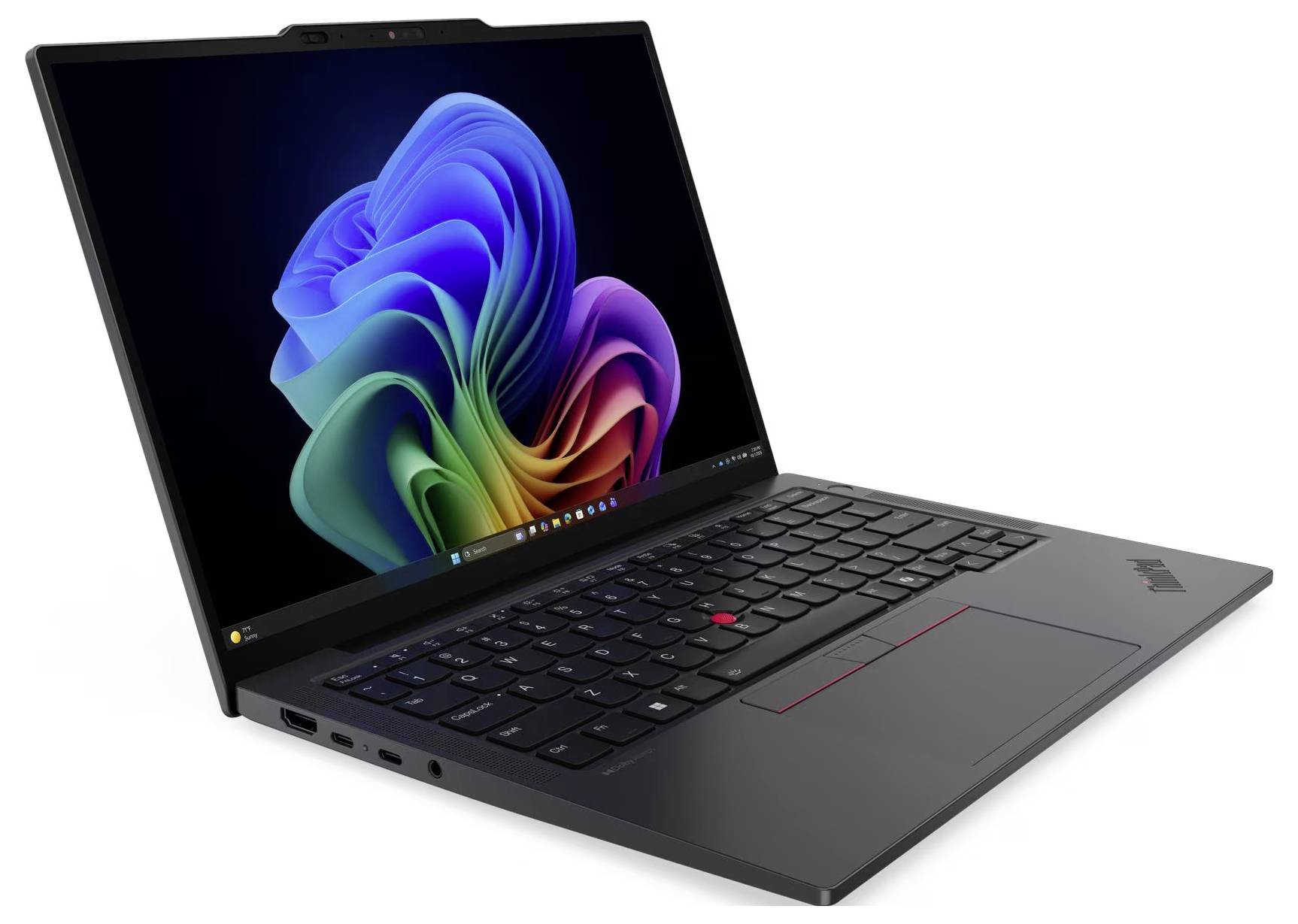 Schwarzer Lenovo ThinkPad-Laptop im schrägen Winkel geöffnet, zeigt ein farbenfrohe abstrakte Tapete auf dem Bildschirm.