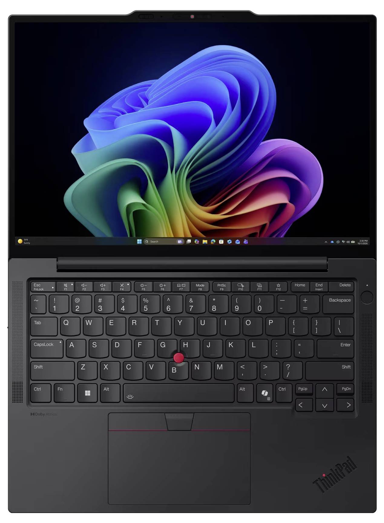 Schwarzes ThinkPad-Laptop, geöffnet dargestellt, mit Windows-Desktop-Hintergrundbild auf dem Bildschirm und sichtbarer Tastatur, TrackPoint und Touchpad.