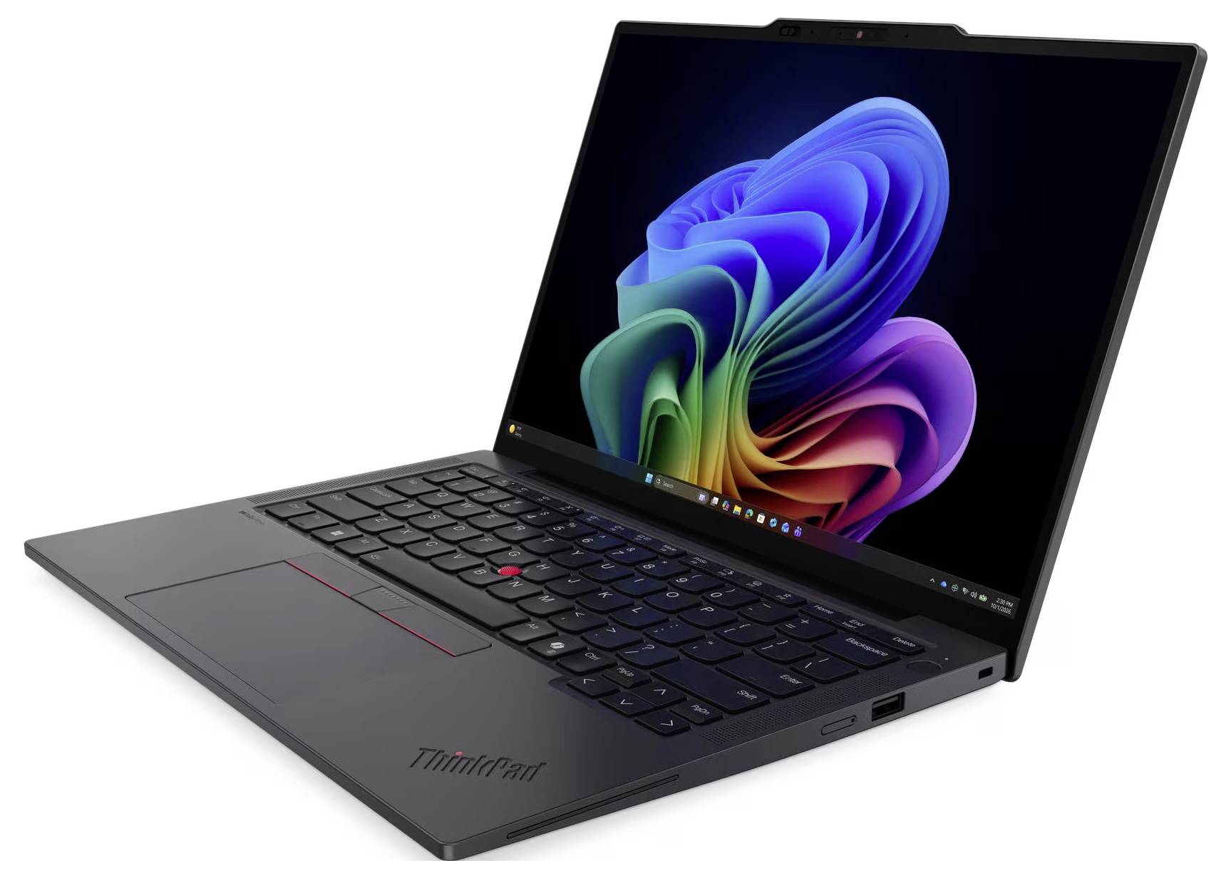 Black ThinkPad Laptop in einem Winkel geöffnet, auf dem Bildschirm ein bunter Windows 11-ähnlicher Hintergrund zu sehen.