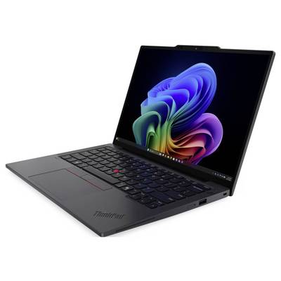 Black ThinkPad Laptop in einem Winkel geöffnet, auf dem Bildschirm ein bunter Windows 11-ähnlicher Hintergrund zu sehen.