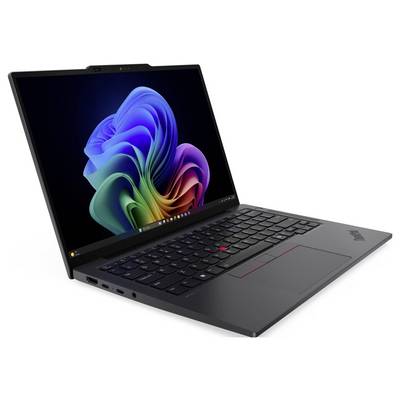 Schwarzer Lenovo ThinkPad Laptop, der in einem Winkel geöffnet ist und zeigt eine farbenfrohe abstrakte Windows-ähnliche Hintergrundtapete auf dem Bildschirm.