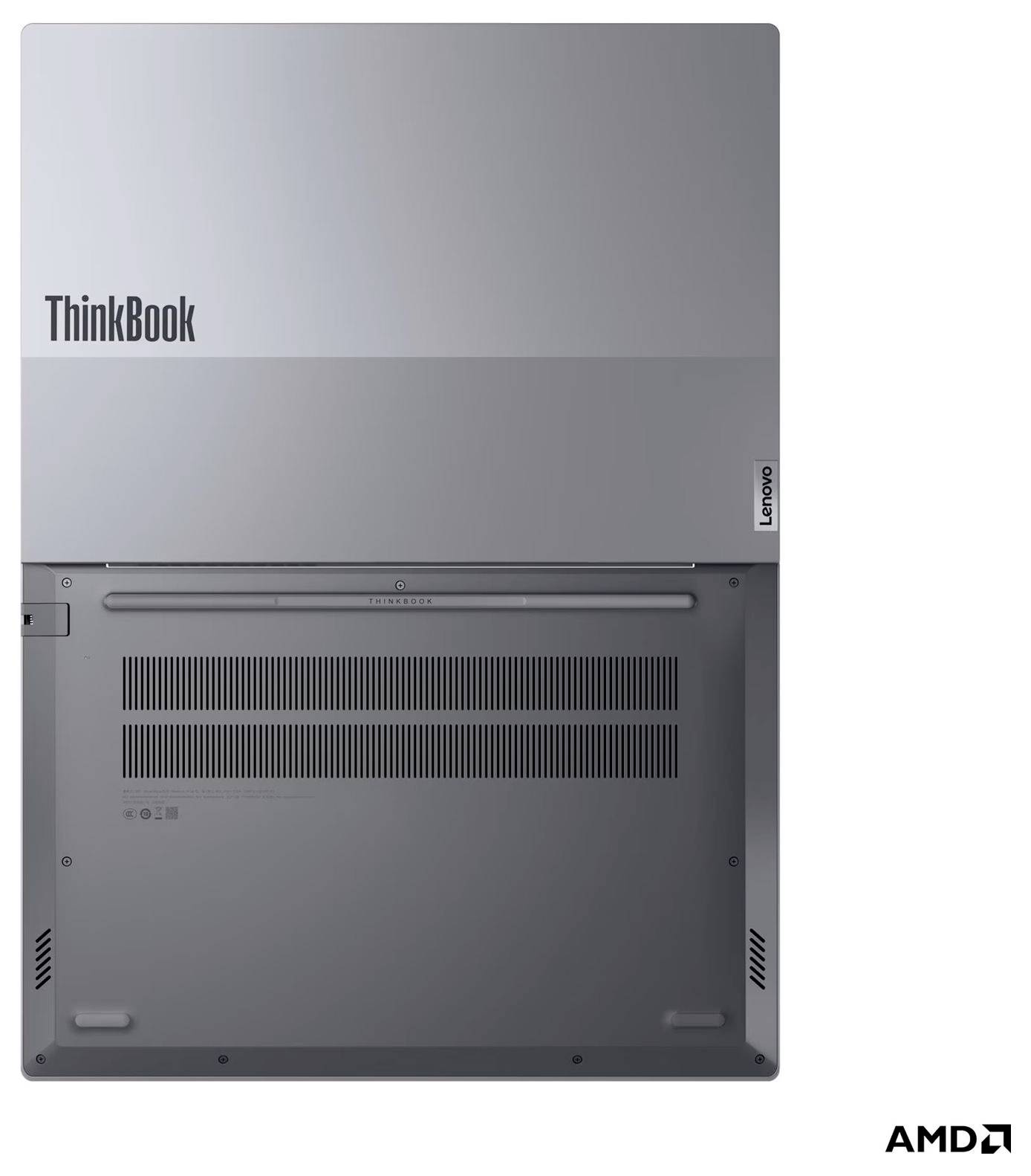 Seitenansicht eines dünnen schwarzen Laptops, geschlossen mit aufrechtem Deckel und sichtbarem Seitenport-Panel.