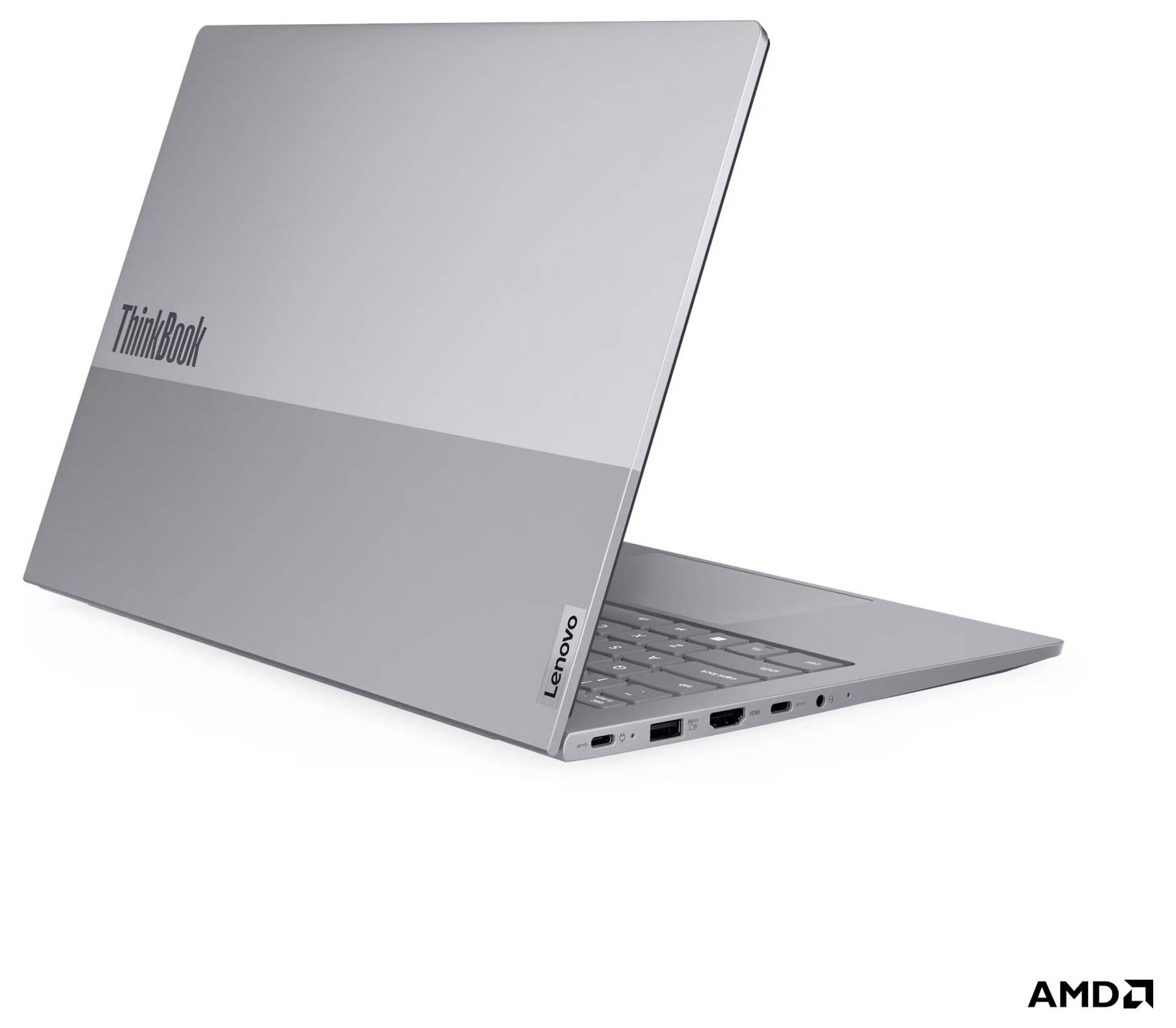 Silberner Lenovo ThinkBook-Laptop, geöffnet in einem Winkel gezeigt, mit AMD-Logo unten rechts.