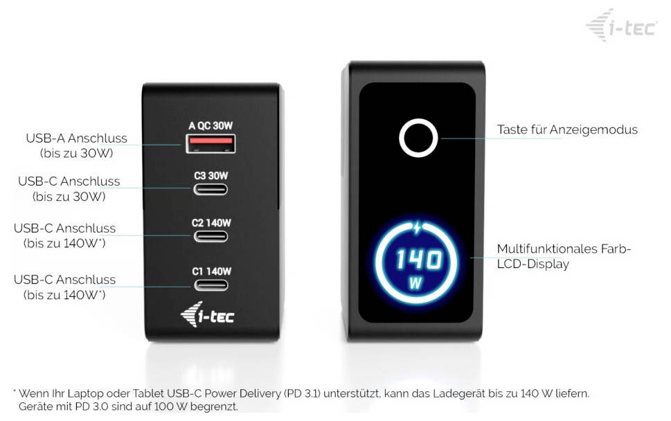 i-tec 140W Intelligent Multiport USB Charger USB Ladegerät 140 W 3x USB-C®, 1x USB-A USB PD 3.1 Schwarz USB Power Delive-3