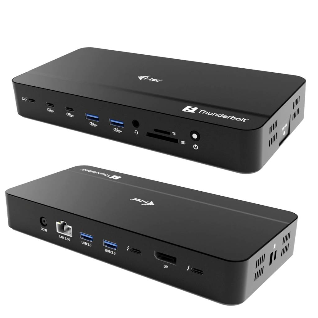 Schwarzes Thunderbolt-Dock von oben und von vorne gezeigt, mit mehreren USB-Anschlüssen, Kopfhörerbuchse, SD-Kartensteckplätzen, DisplayPort und Stromschalter.