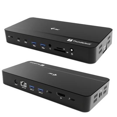 Schwarzes Thunderbolt-Dock von oben und von vorne gezeigt, mit mehreren USB-Anschlüssen, Kopfhörerbuchse, SD-Kartensteckplätzen, DisplayPort und Stromschalter.