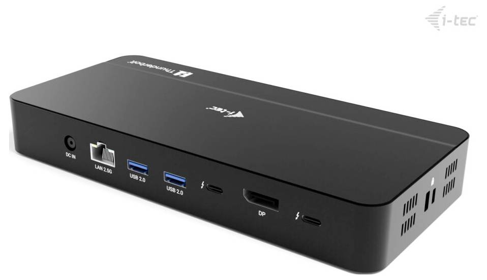 Schwarze rechteckige Dockingstation mit DC-Eingang, LAN, mehreren USB-Anschlüssen und DisplayPort auf der Frontplatte.