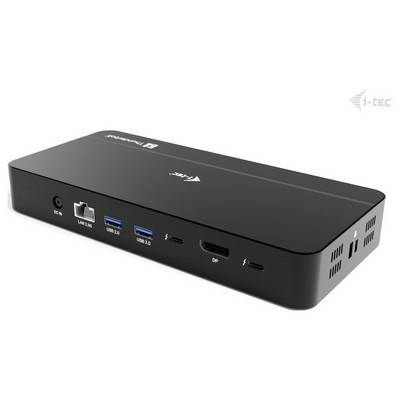 Schwarze rechteckige Dockingstation mit DC-Eingang, LAN, mehreren USB-Anschlüssen und DisplayPort auf der Frontplatte.