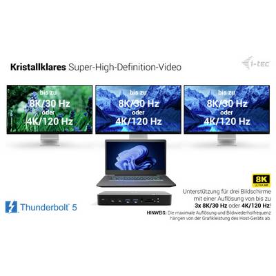 Marketinggrafikz für I-TEC Thunderbolt 5 mit einem Laptop und drei Monitoren, die hervorheben „bis zu 8K/30 Hz oder 4K/120 Hz" und kristallklare Ultra-High-Definition-Videounterstützung.