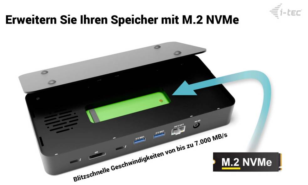 Promotionsgrafik, die ein externes Laufwerksgehäuse mit eingelegter M.2 NVMe SSD zeigt, beschriftet mit "Erweitern Sie Ihren Speicher mit M.2 NVMe" und "Blitzschnelle Geschwindigkeiten von bis zu 7.000 MB/s".