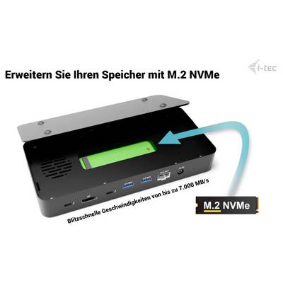 Promotionsgrafik, die ein externes Laufwerksgehäuse mit eingelegter M.2 NVMe SSD zeigt, beschriftet mit "Erweitern Sie Ihren Speicher mit M.2 NVMe" und "Blitzschnelle Geschwindigkeiten von bis zu 7.000 MB/s".