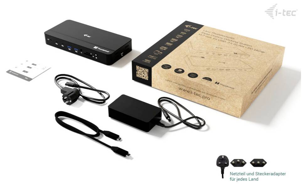 Produktfoto eines i-tec Docking-Station-Sets mit dem schwarzen Dock, dem Netzteil, dem USB-C-Kabel, dem HDMI-Adapter, der Befestigungsplatte und der Retailverpackung auf weißem Hintergrund.