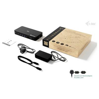 Produktfoto eines i-tec Docking-Station-Sets mit dem schwarzen Dock, dem Netzteil, dem USB-C-Kabel, dem HDMI-Adapter, der Befestigungsplatte und der Retailverpackung auf weißem Hintergrund.